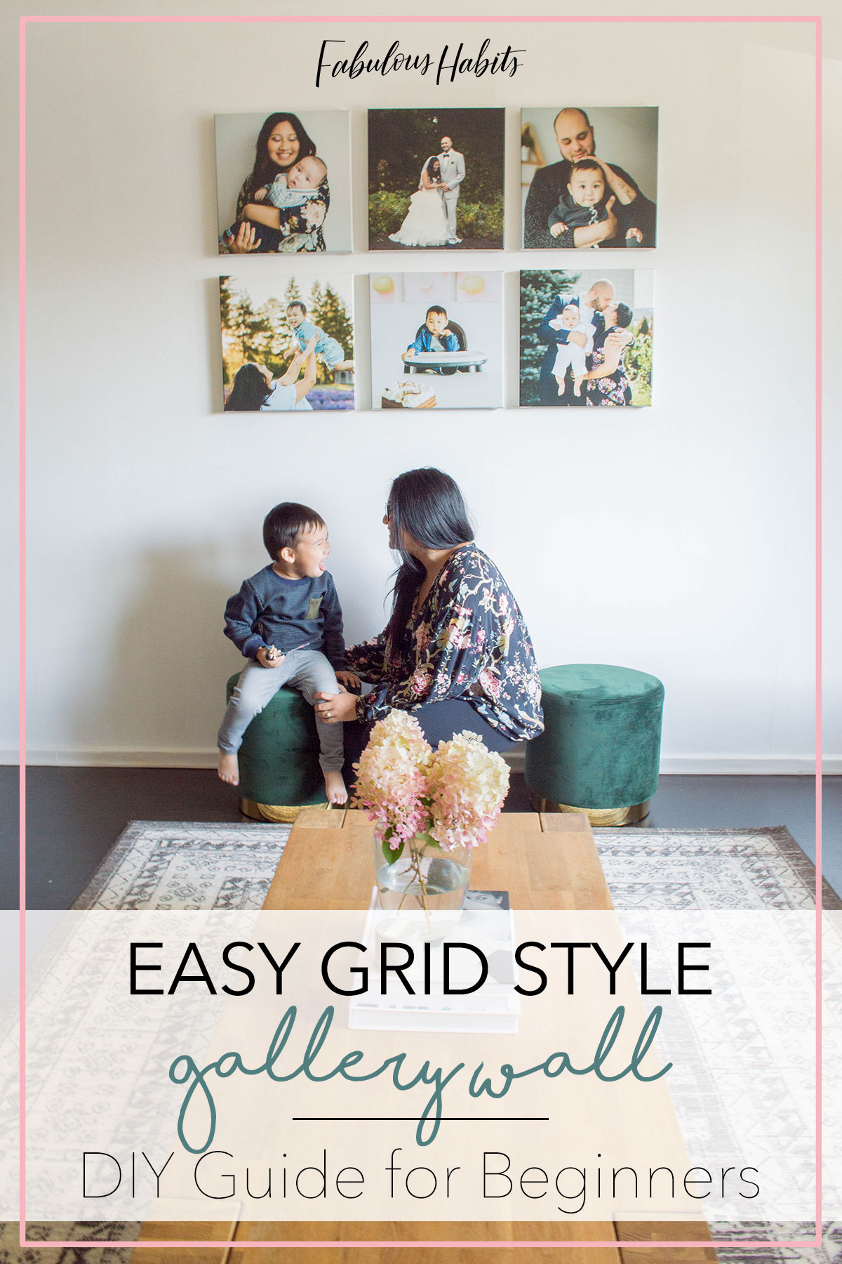 Impress your guests with the easiest gallery wall layout: grid style! My DIY guide will help any beginner DIYer. Come join me for some decorating fun! #gallerywall #gallerywallideas