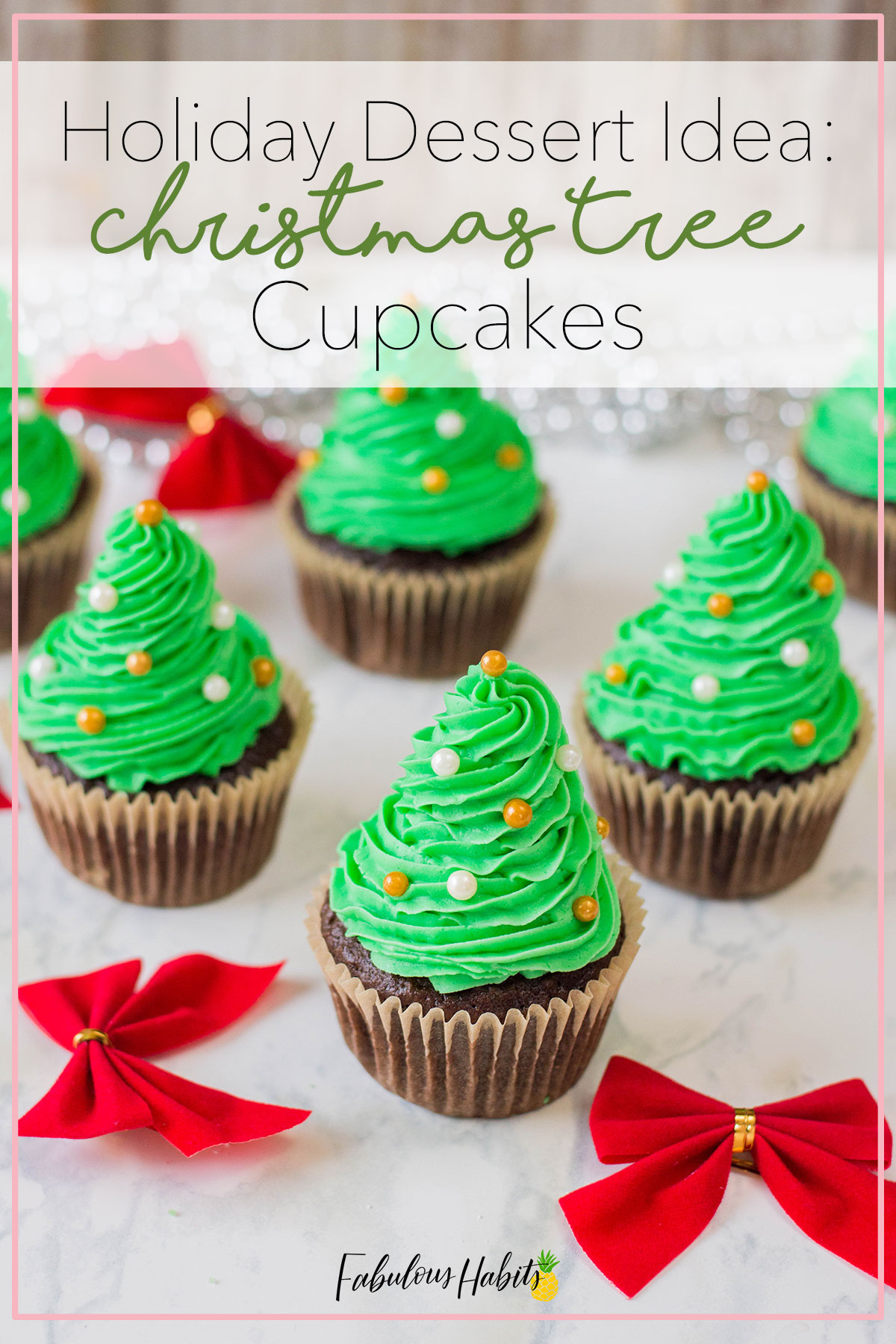 The cutest holiday dessert idea: Christmas Tree Cupcakes. These easy holiday cupcakes are topped off with a generous amount of buttercream frosting. Perfect for anyone with a huge sweet tooth! #christmastreecupcakes